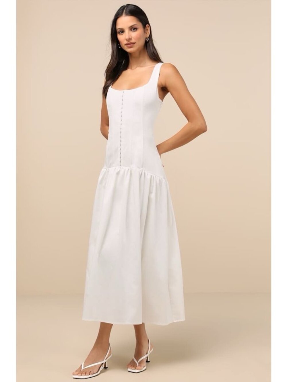 Lulus Kyla Midi Dress Sz Medium White Drop Waist Corset Coquette Sundress Bridal - Picture 6 of 9
